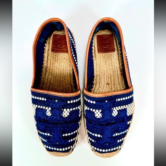 Tory Burch Shaw Espadrille Raffia Shoes Blue and Tan Size 8.5 - Picture 12 of 13